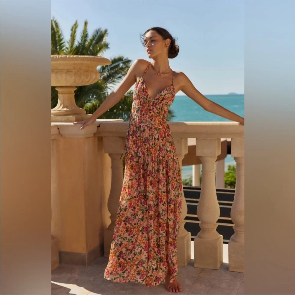 Astr the label peach fuchsia  goddess plunge floral maxi dress
